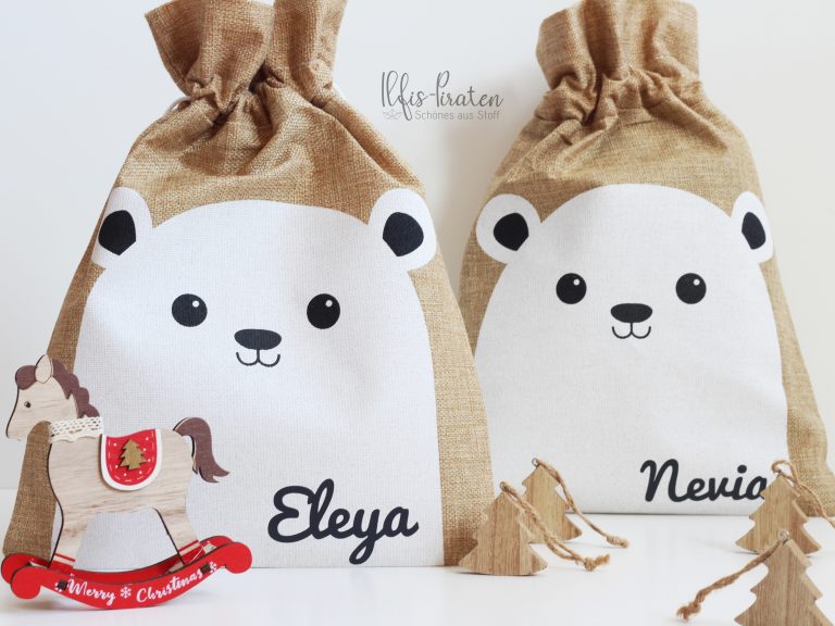 Personalisierter Nikolausbeutel / Weihnachtsbeutel im Jute-Design mit Bärchenmotiv