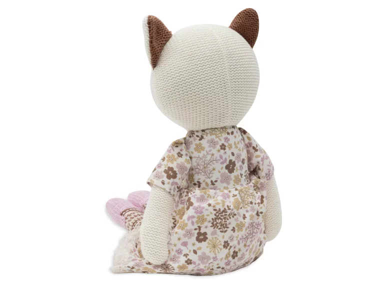 Gestrickte Kuschelkatze mit Kleid & Schleife – personalisierbar