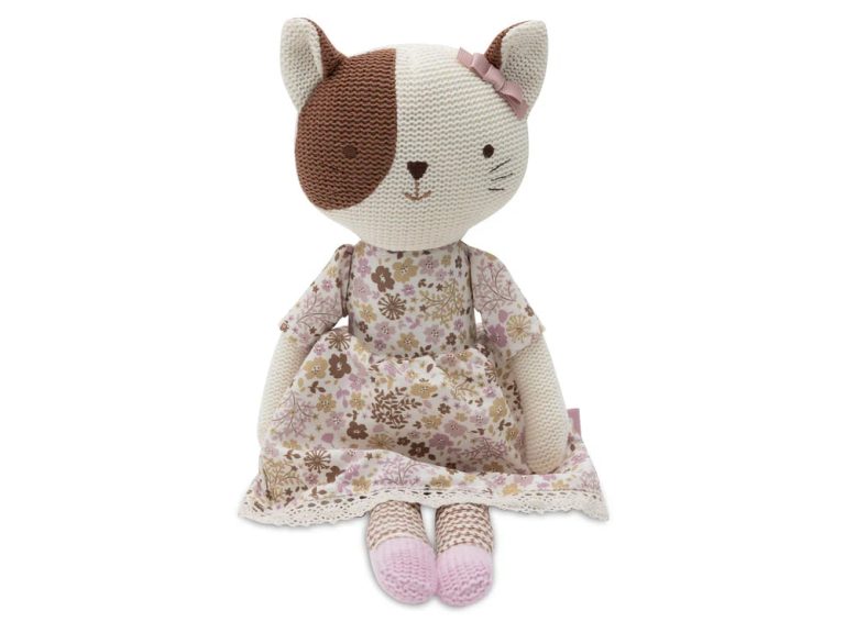 Gestrickte Kuschelkatze mit Kleid & Schleife – personalisierbar